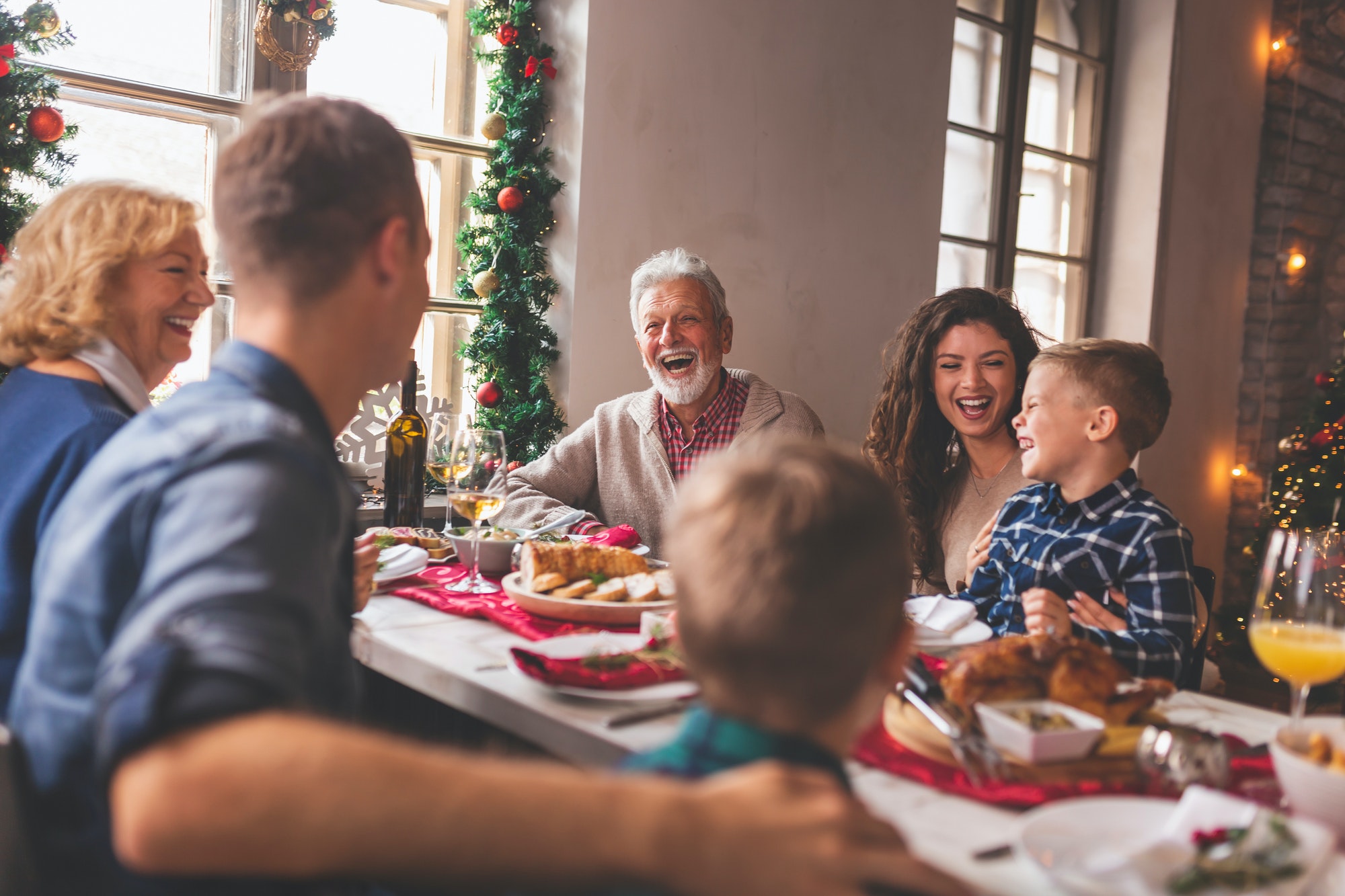 Family celebrating Christmas over dinner