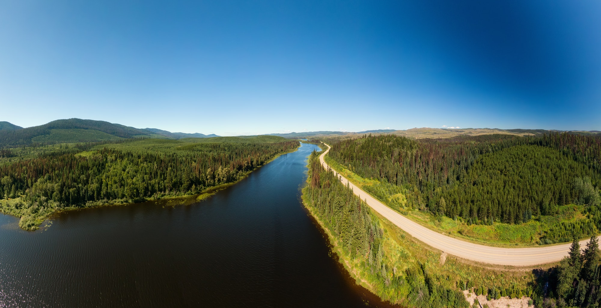 Scenic Panoramic Lake View of Curvy Road in Canadian Nature